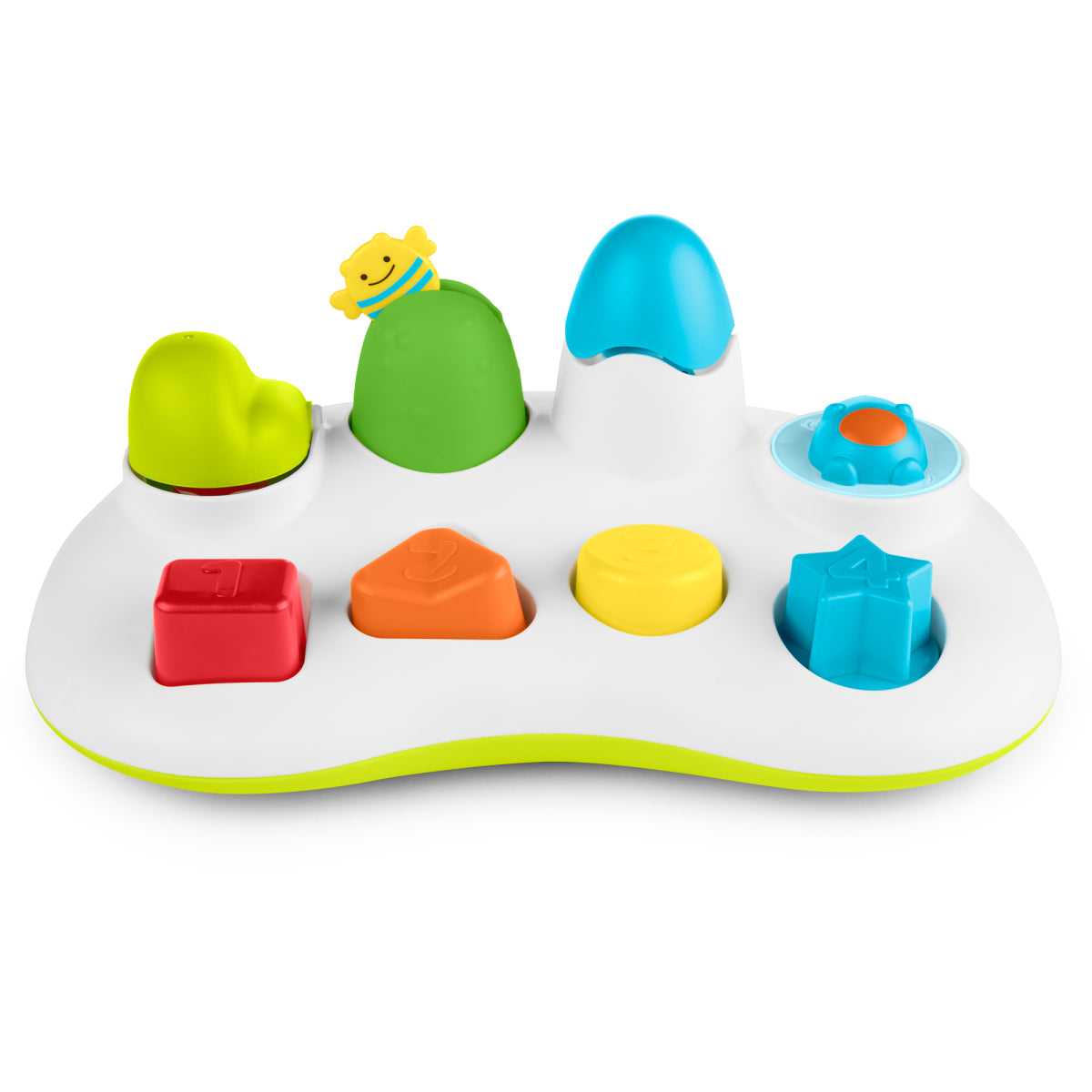 Colorful children's shape sorting toy on a white background