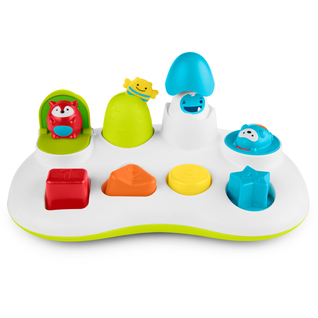 Colorful children's toy with animal-shaped compartments and shape-sorting elements on a white background