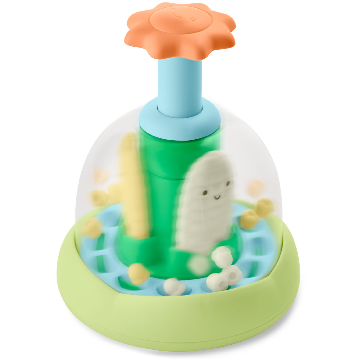 Colorful toy with a small character inside on a white background