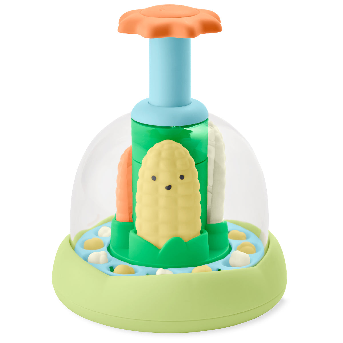 Toy with a transparent dome, green base, and orange top on a white background
