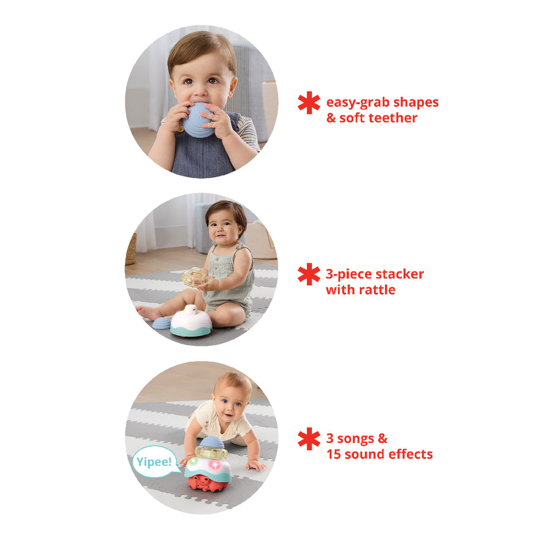 Children playing with toys, highlighting features like easy-grab shapes, soft teether, 3-piece stacker with rattle, and sound effects.
