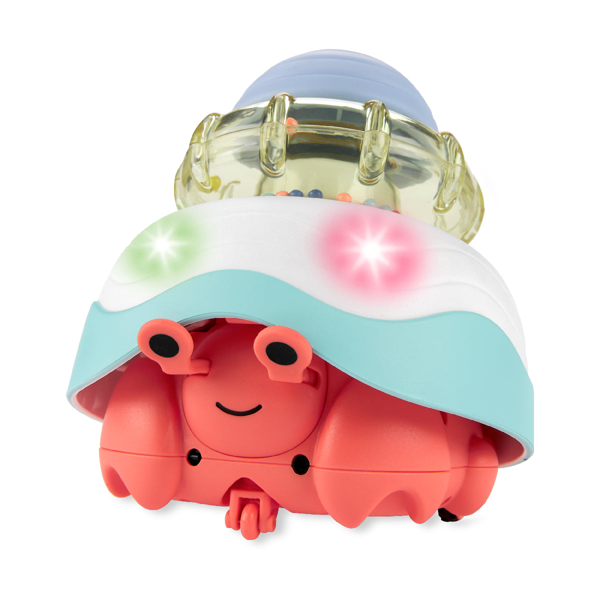 Colorful toy crab with a light blue shell on a white background