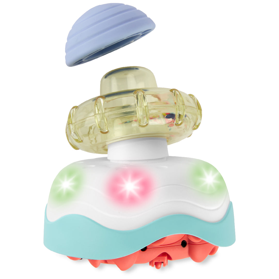 Colorful toy with a light blue top, yellow middle, white bottom, and red base on a white background