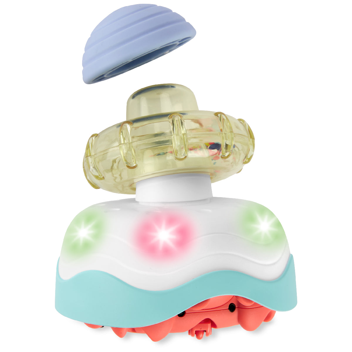 Colorful toy with a light blue top, yellow middle, white bottom, and red base on a white background