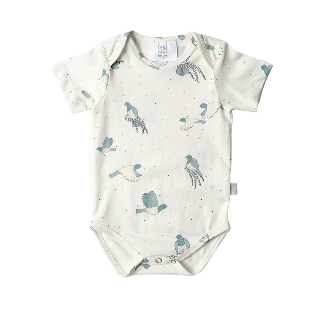 Baby bodysuit with bird pattern on a white background