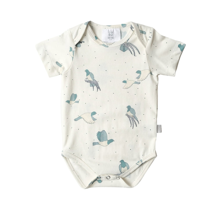 Baby bodysuit with bird pattern on a white background