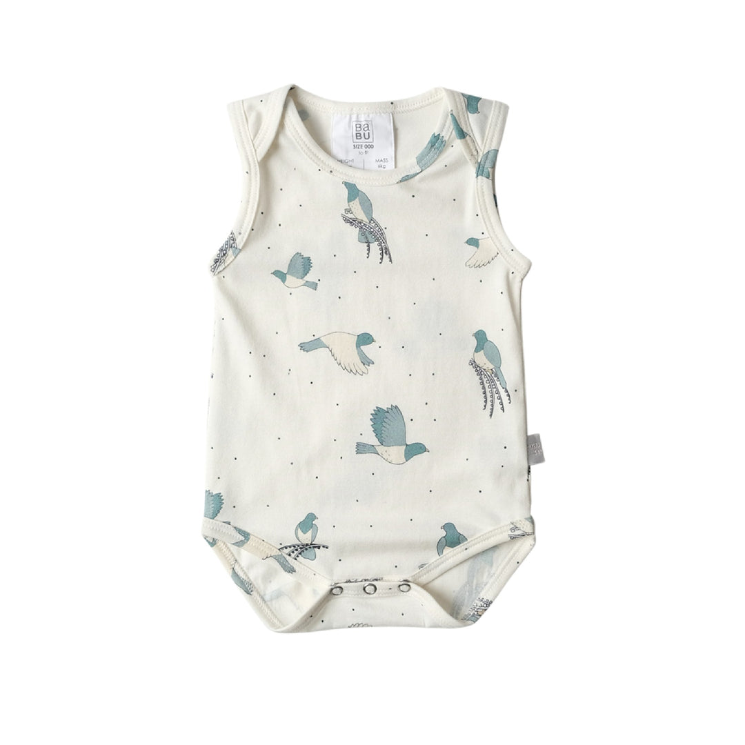 Baby bodysuit with bird pattern on a white background