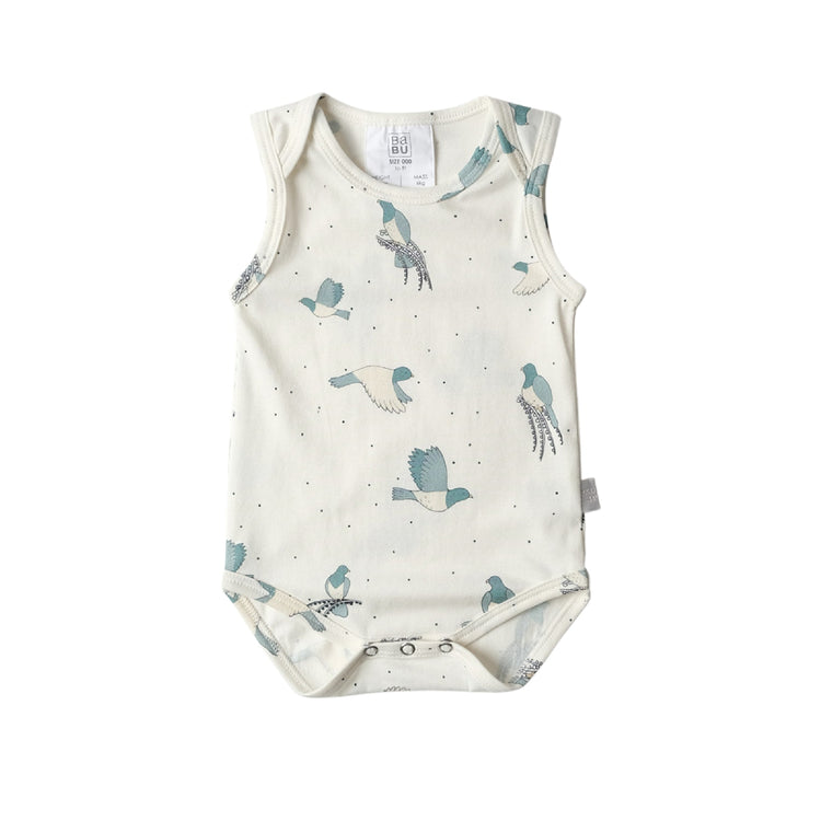 Baby bodysuit with bird pattern on a white background
