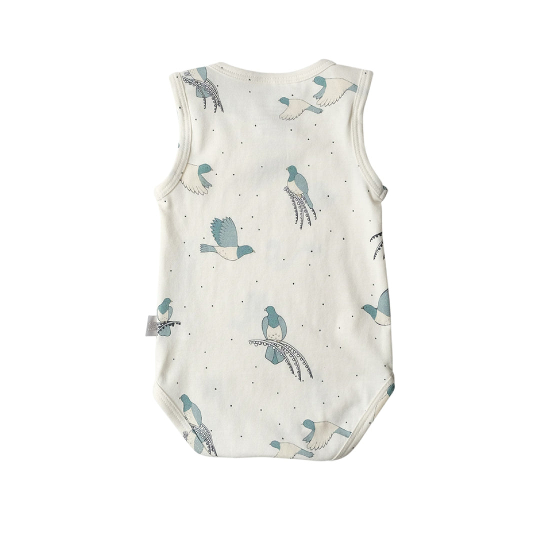 Baby onesie with bird pattern on a white background