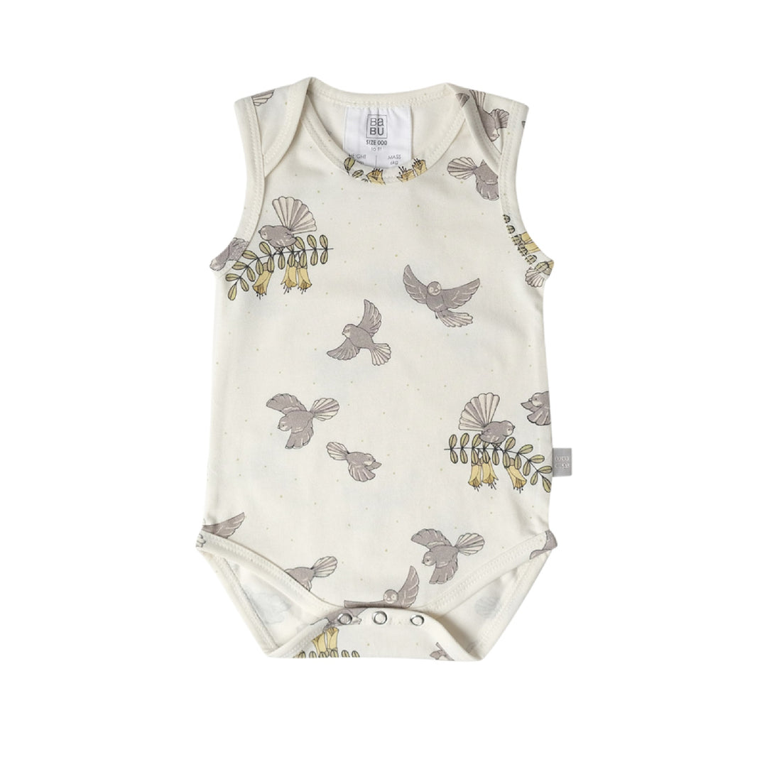 Baby romper with bird pattern on a white background