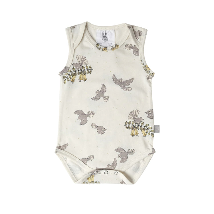 Baby romper with bird pattern on a white background