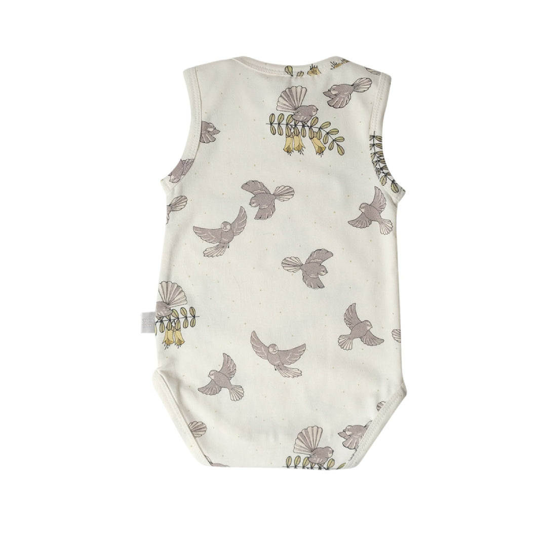 Baby romper with bird pattern on a white background