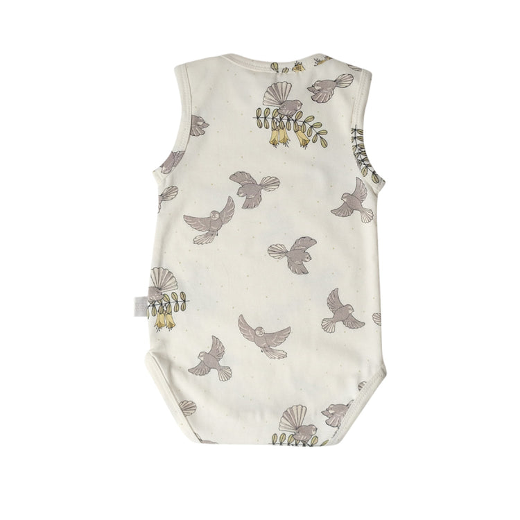 Baby romper with bird pattern on a white background