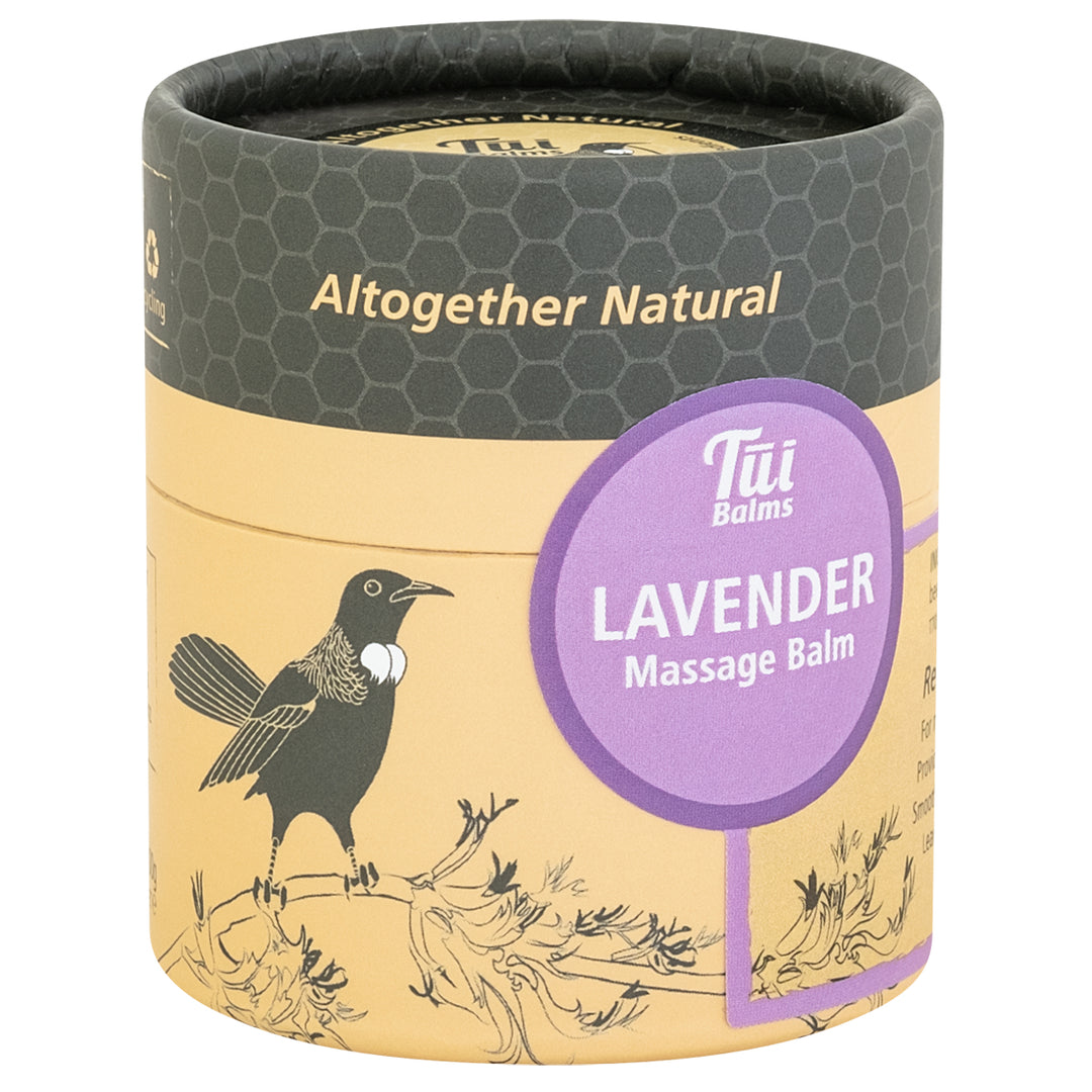 Tui Balm lavender massage balm container with a bird illustration on a white background