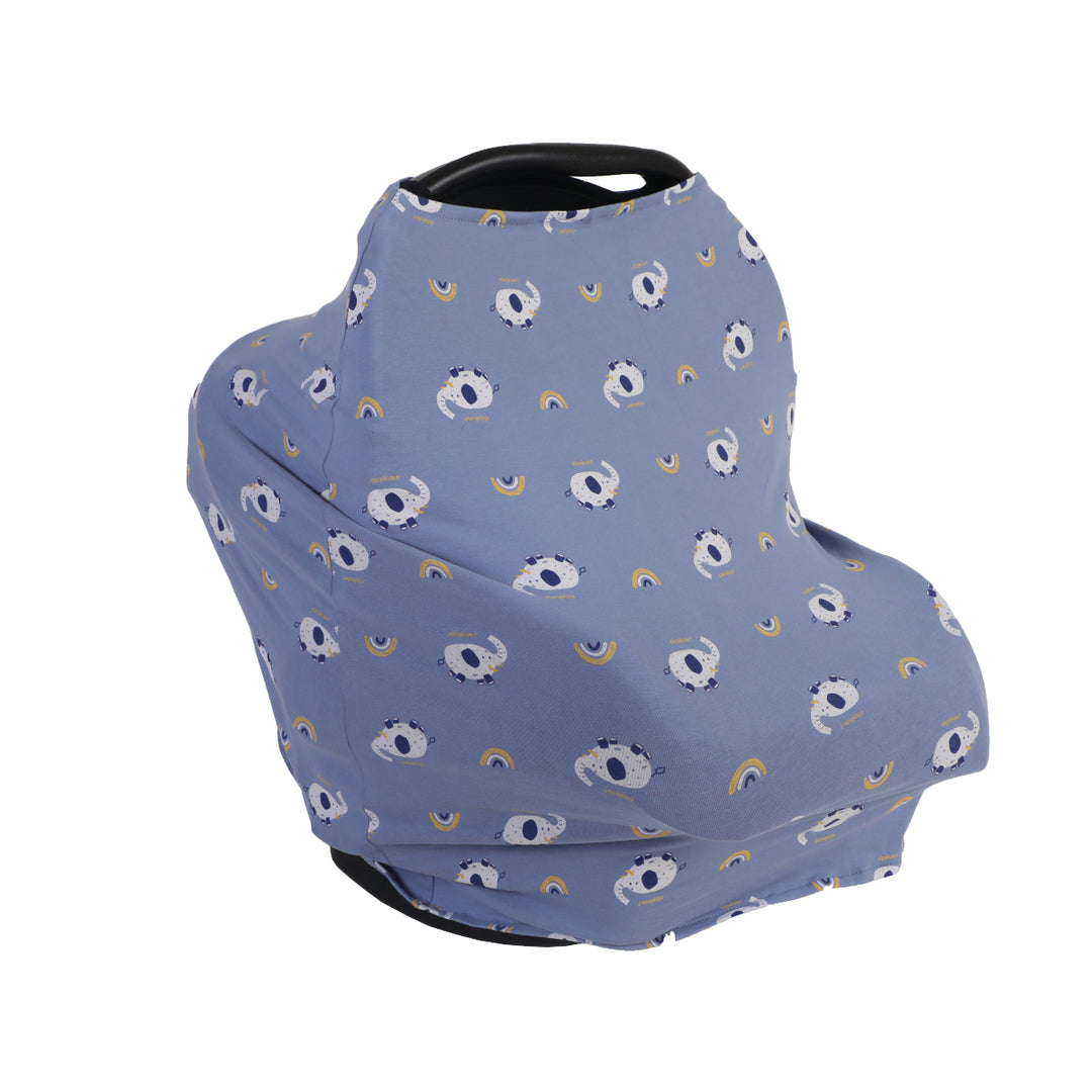 Blue baby car seat cover with cloud pattern on a white background