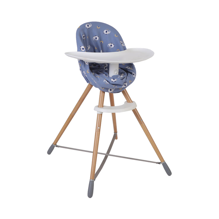 Baby high chair with blue cushion and wooden legs on a white background