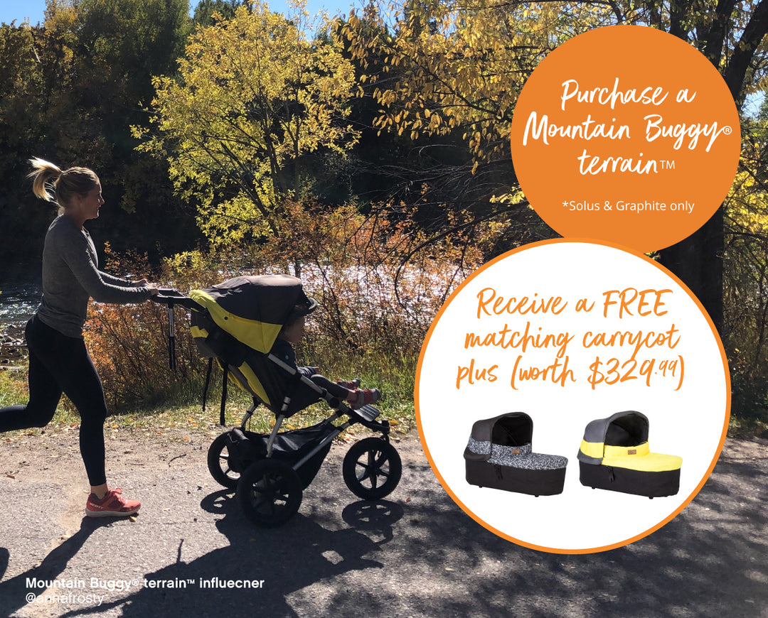 Purchase a Mountain Buggy terrain in Solus or Graphite & receive a FREE matching carrycot plus (worth $329.99)