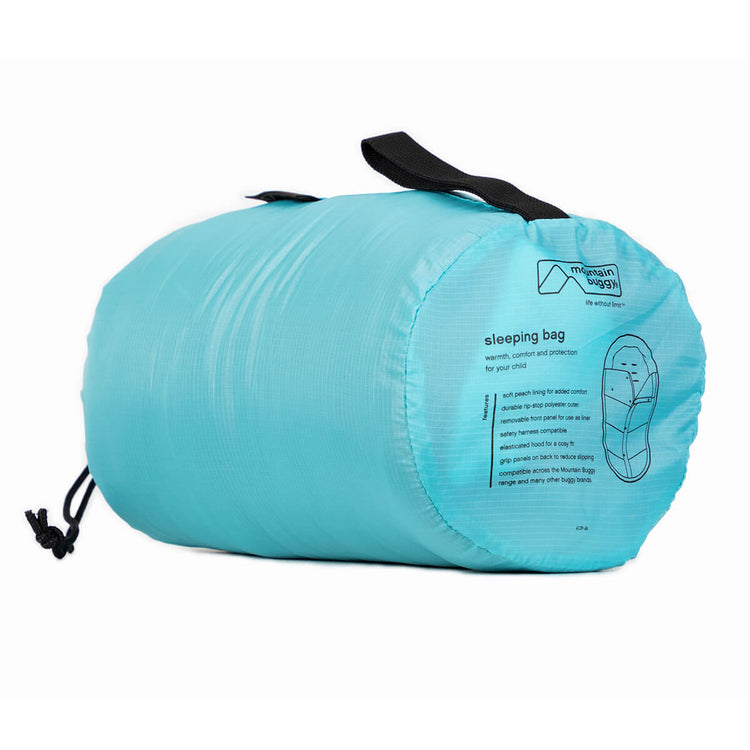 Mountain Buggy durable soft peach lined sleeping bag fully packed in colour ocean_ocean