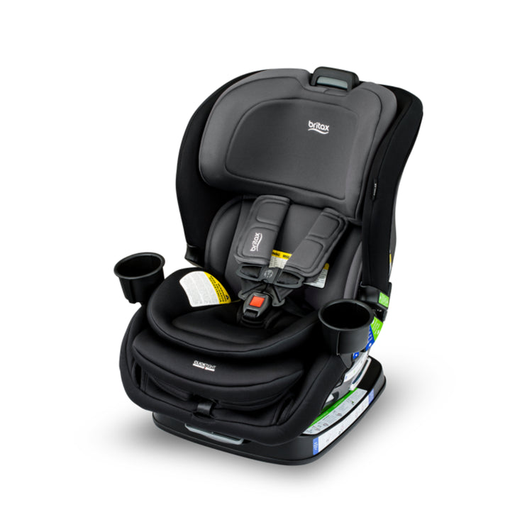 Black and gray car seat with cup holders on a white background
