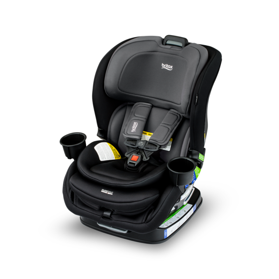 Black and gray car seat with cup holders on a white background