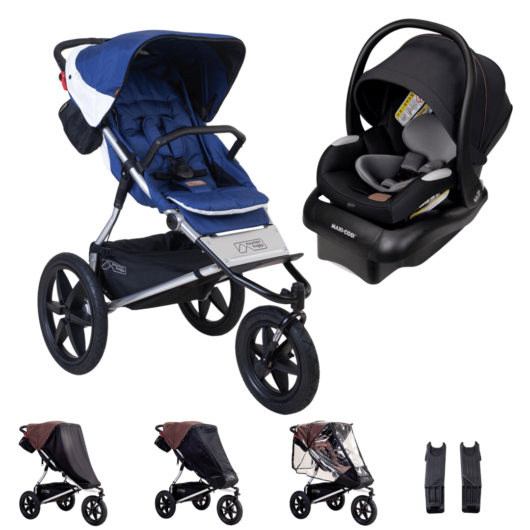 Hero image of the mountain buggy terrain and maxi-cosi mico luxe bundle shown with the covers and car sear adaptors that are included