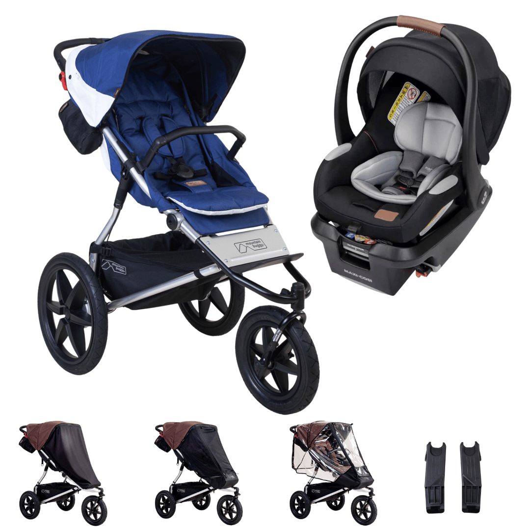 Hero image of the mountain buggy terrain and maxi-cosi  mico luxe plus bundle shown with the covers and car sear adaptors that are included