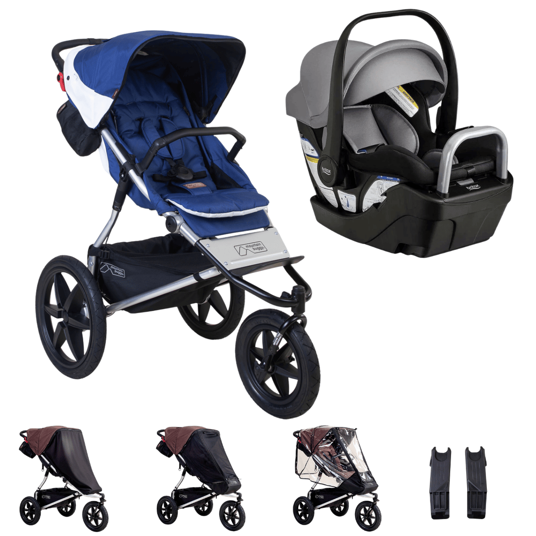 Hero image of the mountain buggy terrain and britax willow s bundle shown with the covers and car sear adaptors that are included